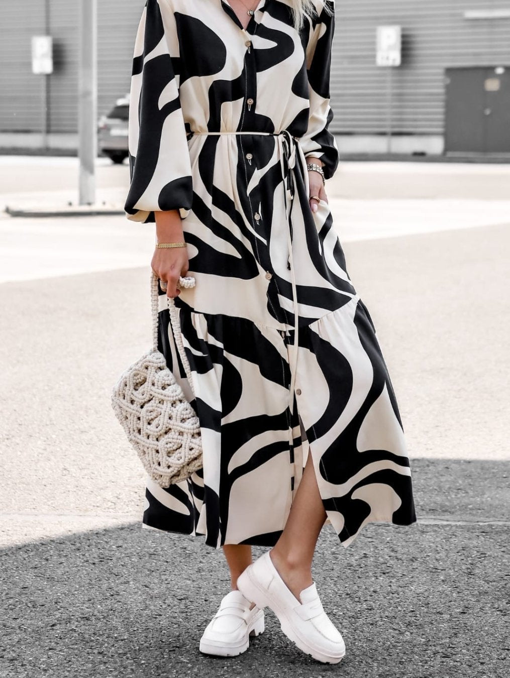 Women's patterned shirt dress with waist drawstring, full button placket and side slit Mune Fashion