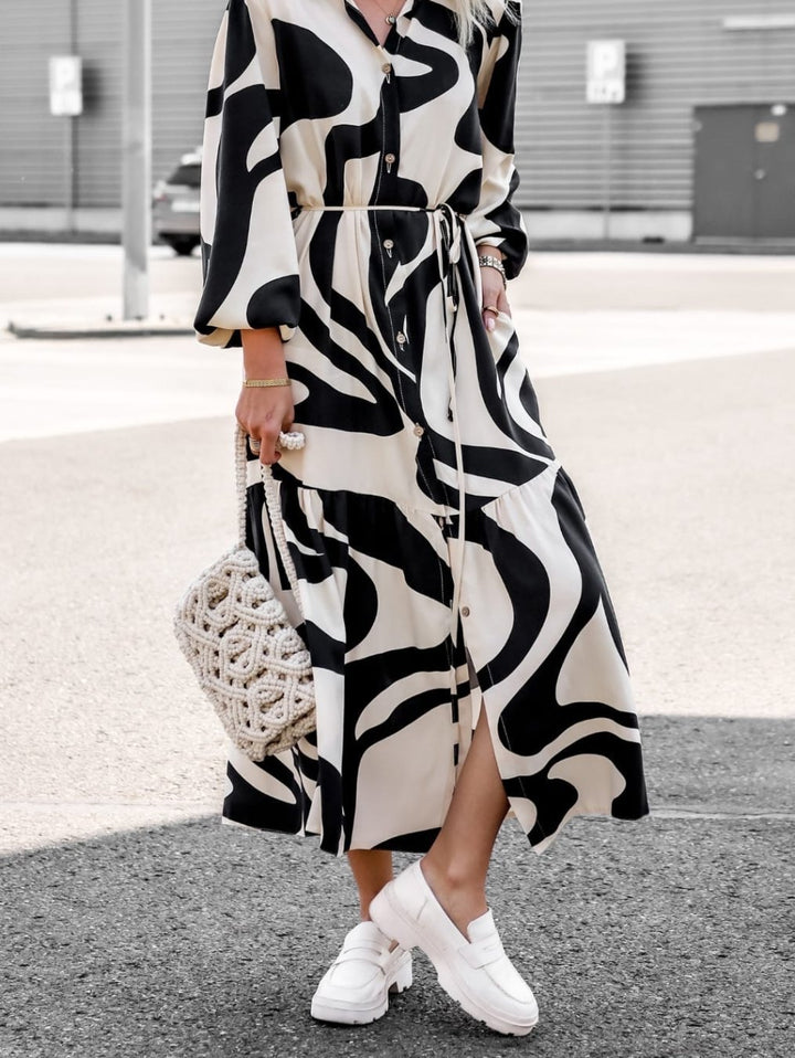 Women's patterned shirt dress with waist drawstring, full button placket and side slit Mune Fashion