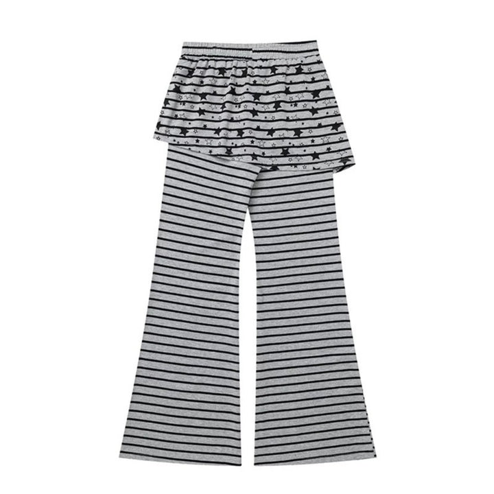 Women's Striped Palazzo Jersey Pants with Attached Ruffle Skirt and Wide Flare