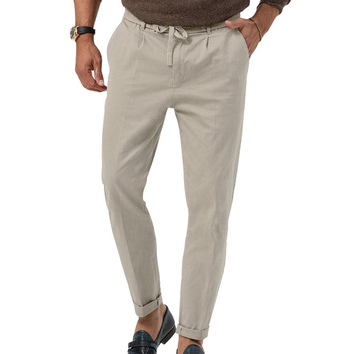 Men's Tapered Linen-Cotton Pants with Elastic Waistband, Drawstring and Cuffs Mune Fashion