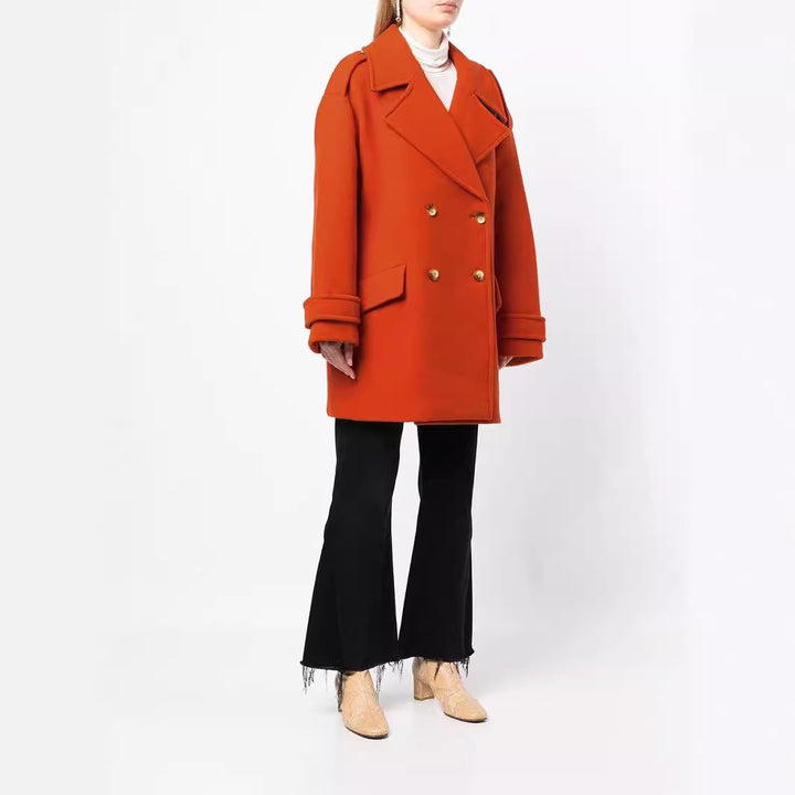 Women's Oversized Double-Breasted Short Coat made of Wool Blend with Extra Wide Sleeves and Golden Decorative Buttons Mune Fashion