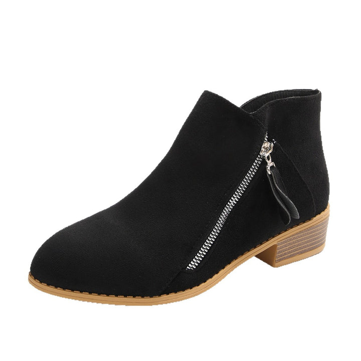 Women's Modern Ankle Boot with Visible Metal Zipper and Low Wood-Look Block Heel Mune Fashion