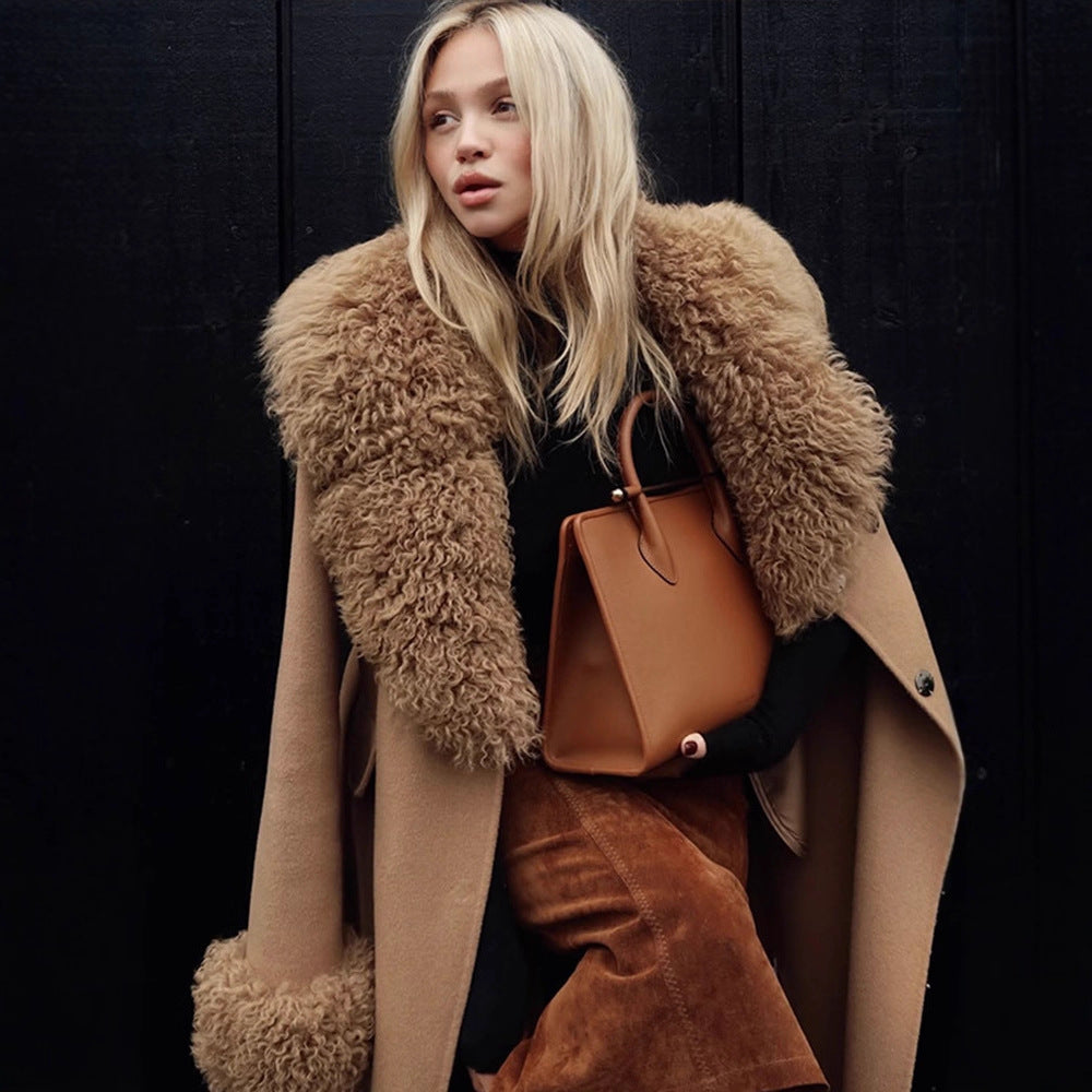 Ladies Maxilength Wool Blend Coat with Detachable Curly Faux Fur Shawl Collar and Fur Cuffs Mune Fashion
