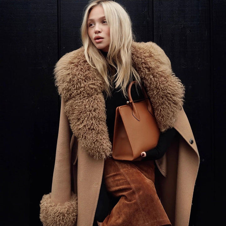 Ladies Maxilength Wool Blend Coat with Detachable Curly Faux Fur Shawl Collar and Fur Cuffs Mune Fashion
