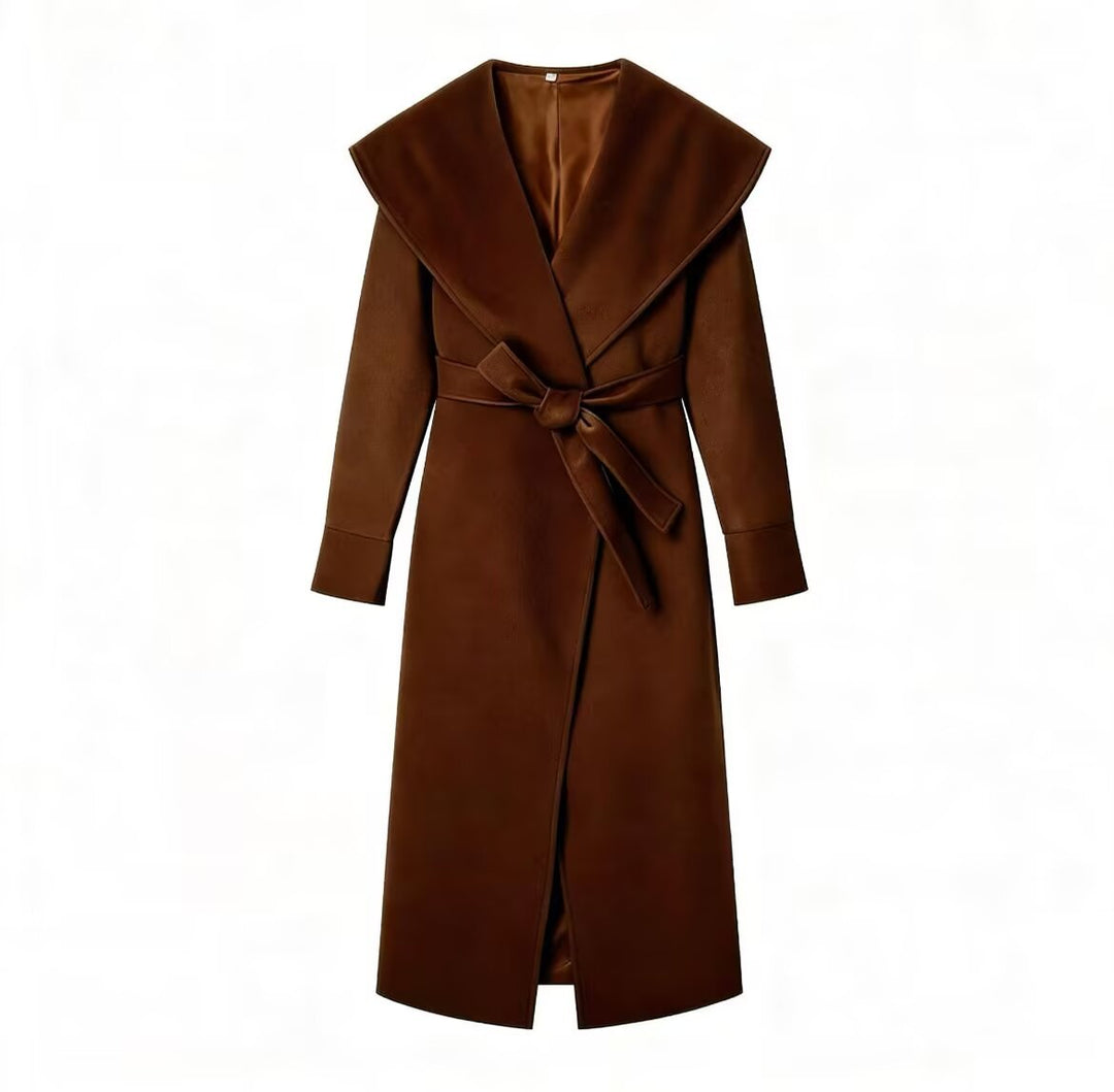 Women Elegant Coat with Oversized Shawl Collar and Tied Belt Mune Fashion