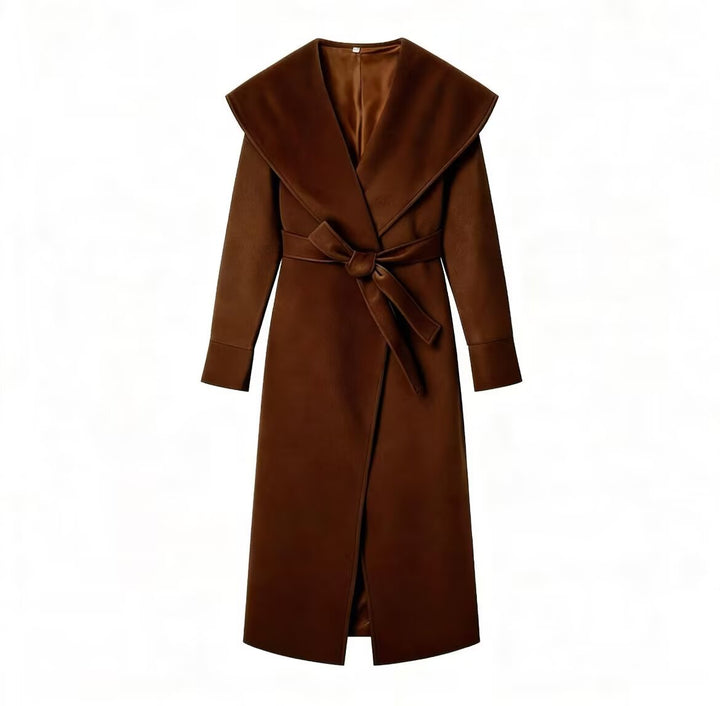 Women Elegant Coat with Oversized Shawl Collar and Tied Belt Mune Fashion