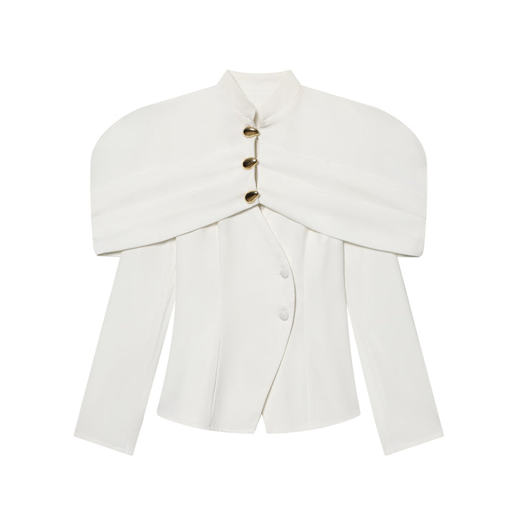 Women 100+ elegant tailored blazer with cape shoulder and golden decorative buttons Mune Fashion