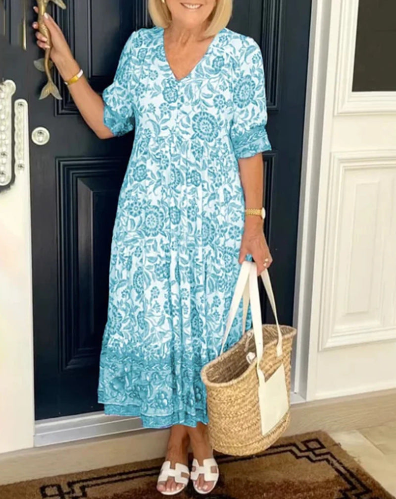 Women's Casual Tiered Midi Dress with V-Neck, Gathered Yoke and Ruffled Hem Mune Fashion