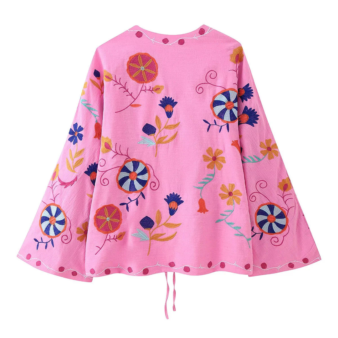 Women nan lightweight embroidered cotton kimono jacket in Boho style with tie belt Mune Fashion
