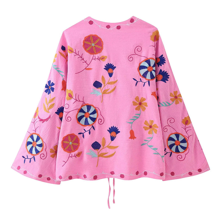 Women nan lightweight embroidered cotton kimono jacket in Boho style with tie belt Mune Fashion