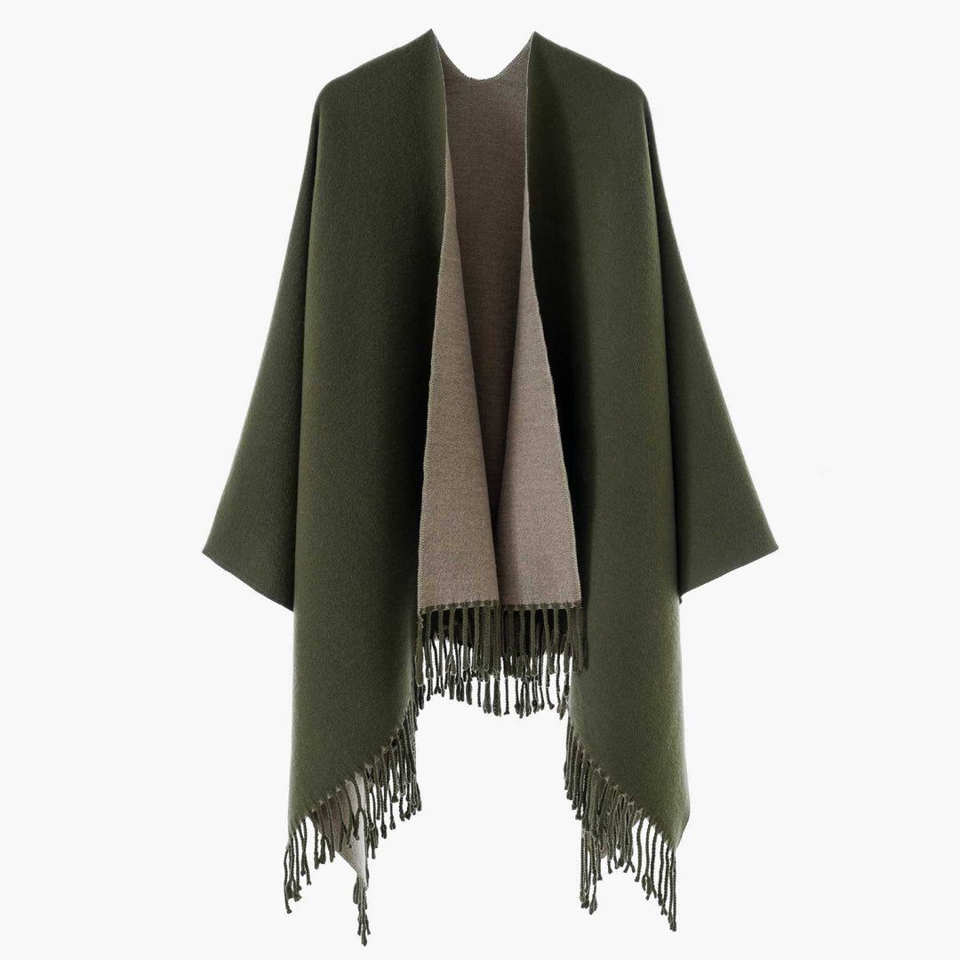 Women's Reversible Wool Blend Poncho with Fringe Hem and Open Front Mune Fashion