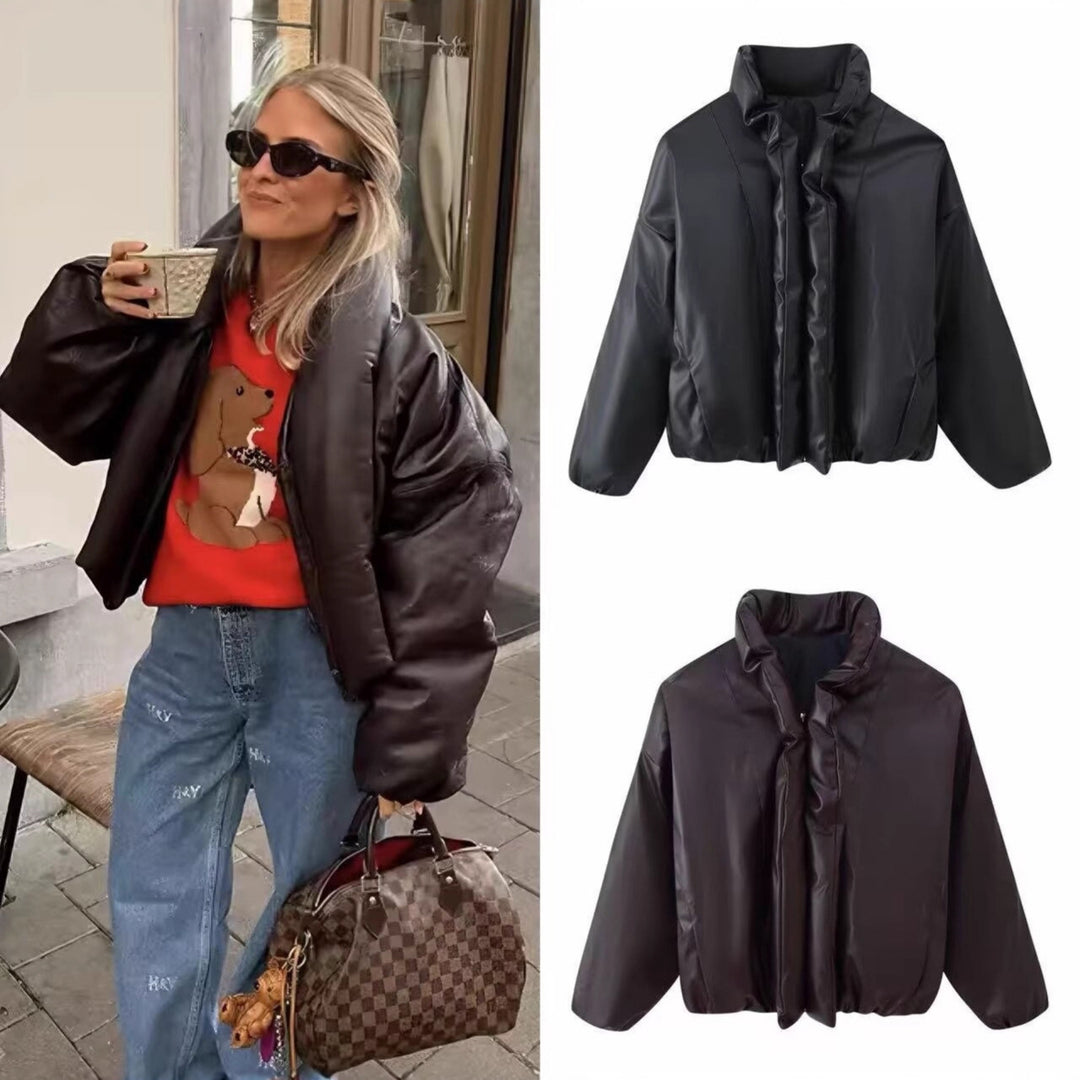 Women Oversized Faux Leather Blouson with Voluminous Stand Collar and Elastic Hem Mune Fashion