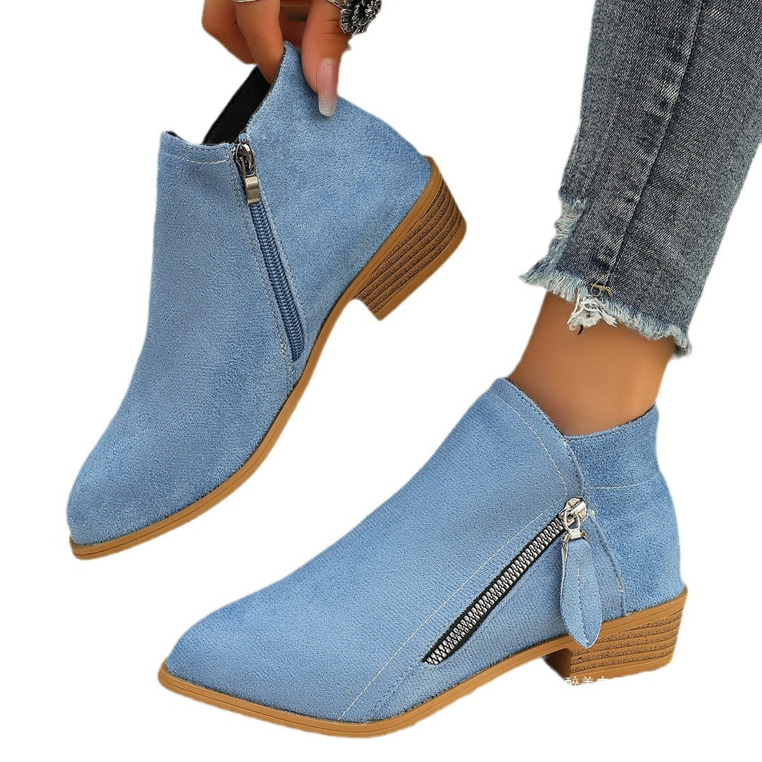 Women nan short suede-look ankle boot with side decorative strap zipper and comfortable block heel Mune Fashion