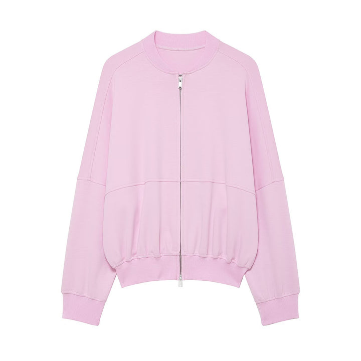 Women's Cropped Boxy Bomber Jacket with Two-Way Zipper and Elastic Waistband Mune Fashion