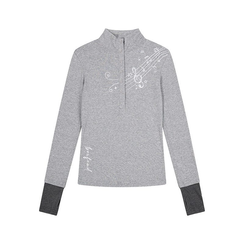 Women's Long Sleeve Polo Shirt with Stand-Up Collar, Button Placket and Note Print Mune Fashion