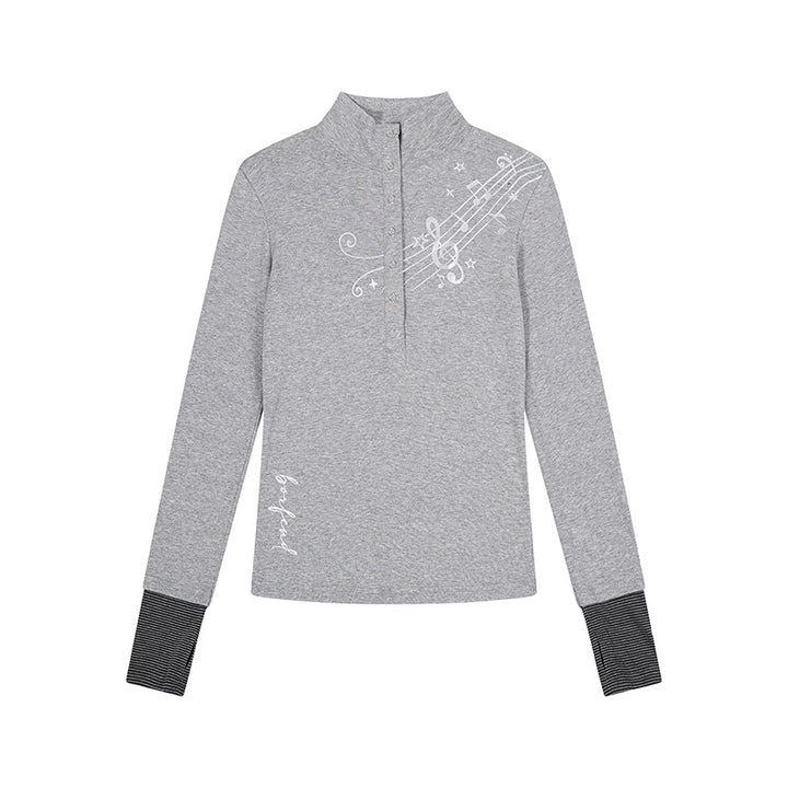 Women's Long Sleeve Polo Shirt with Stand-Up Collar, Button Placket and Note Print Mune Fashion