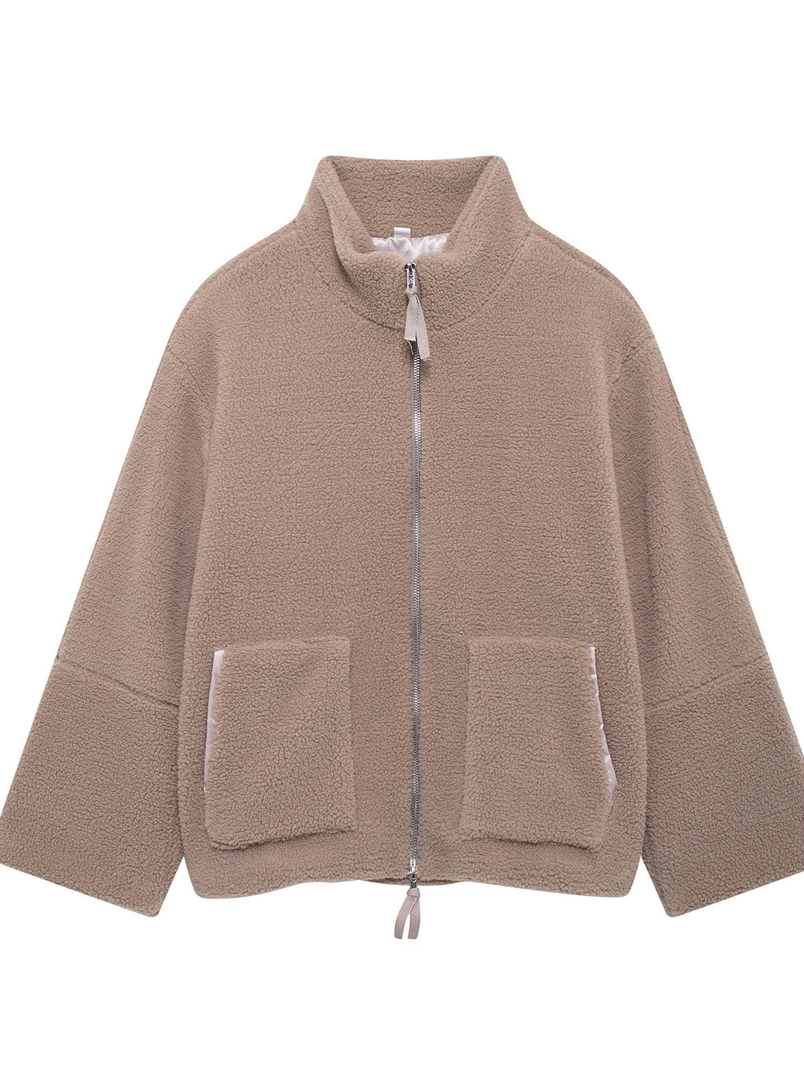 Women's Boxy Teddy Fleece Jacket with Stand-Up Collar, Two-Way Zipper and Patch Pockets Mune Fashion