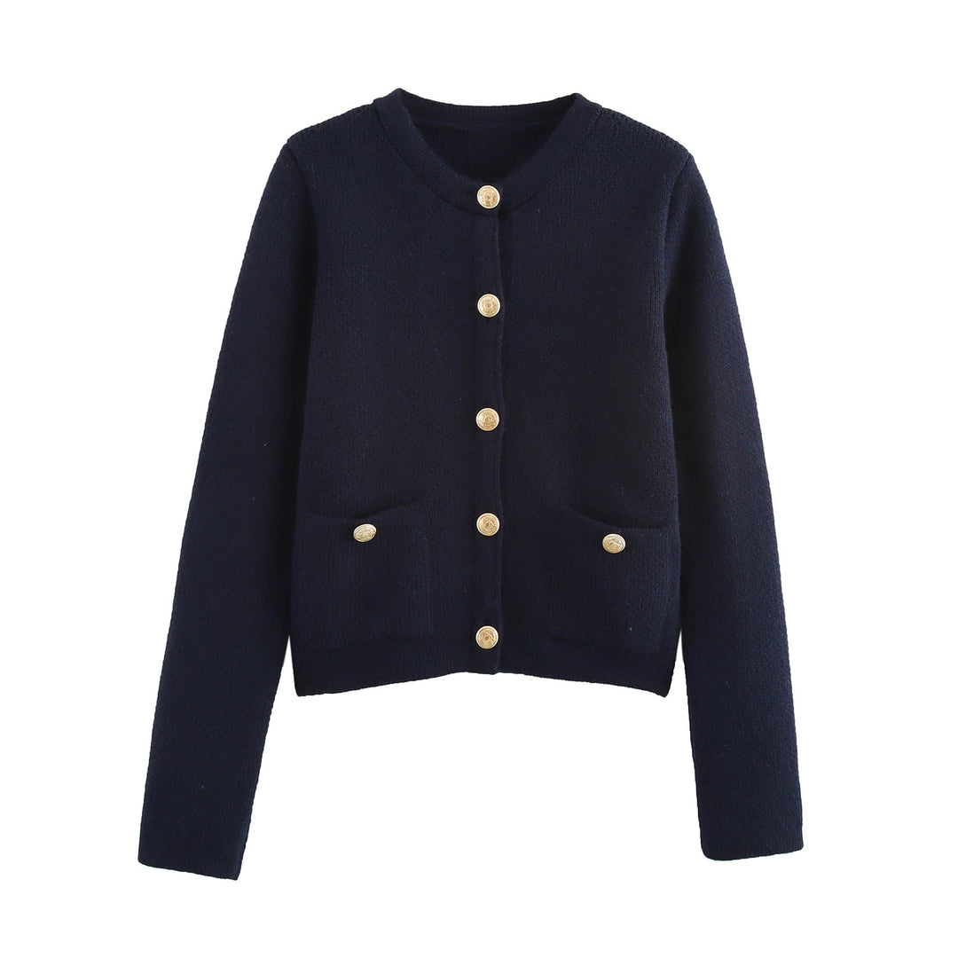Women Cropped Boucle Cardigan with Round Neck, Flap Pockets and Coin Buttons Mune Fashion