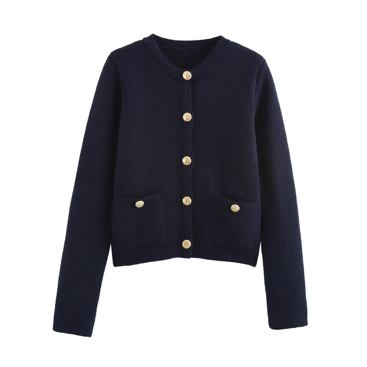 Women Cropped Boucle Cardigan with Round Neck, Flap Pockets and Coin Buttons Mune Fashion