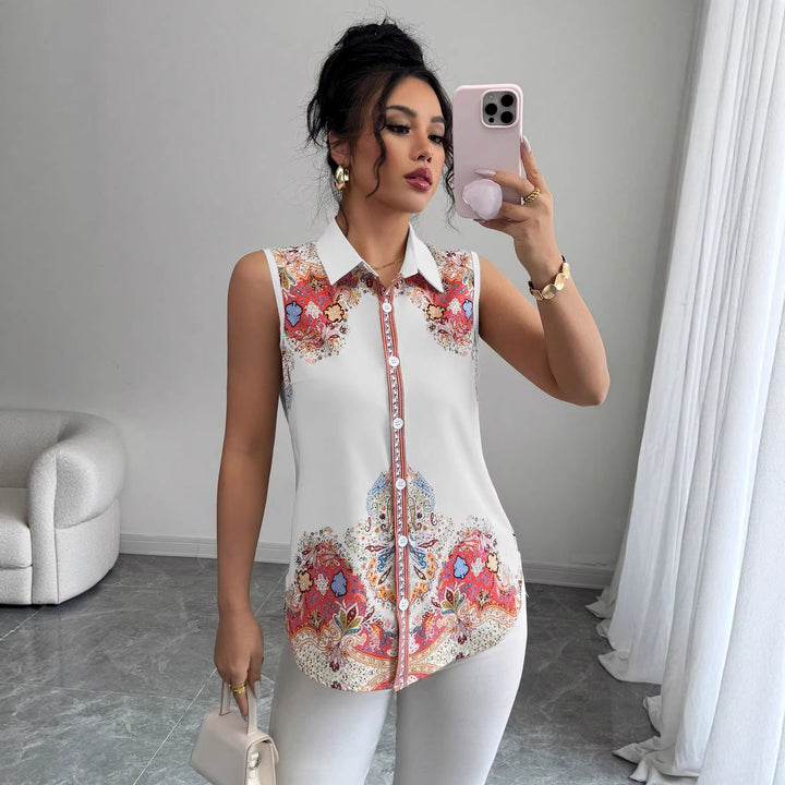 Women's Sleeveless Shirt Blouse with Kent Collar, A-Line Silhouette and Concealed Button Placket Mune Fashion