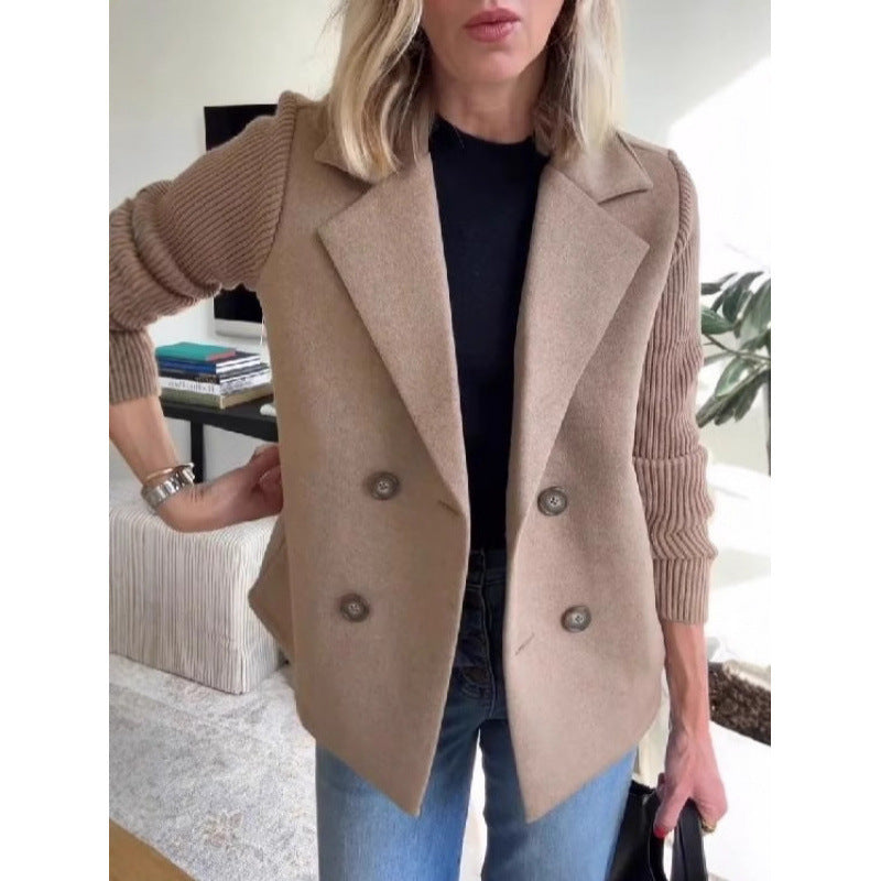 Women's Double-breasted Blazer Vest with Wide Lapels and Ribbed Knit Sleeves Mune Fashion