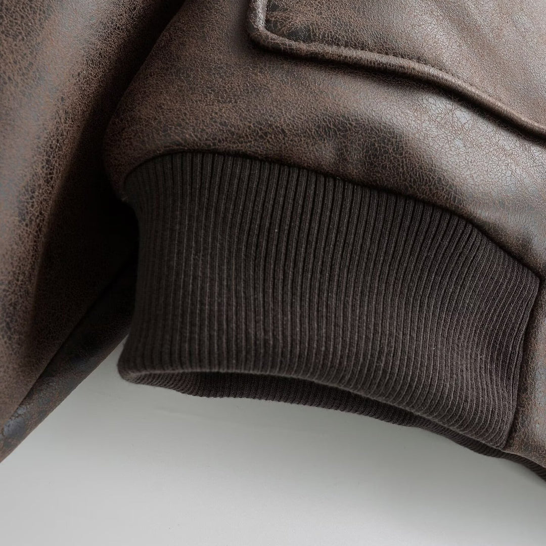 Women Cropped Bomber Jacket in Vintage Leather Look with Large Flap Pockets Mune Fashion