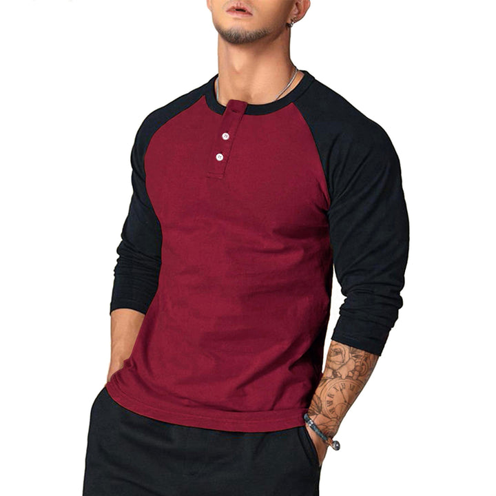 Men's Casual Long Sleeve Henley Shirt with Contrast Sleeves Mune Fashion