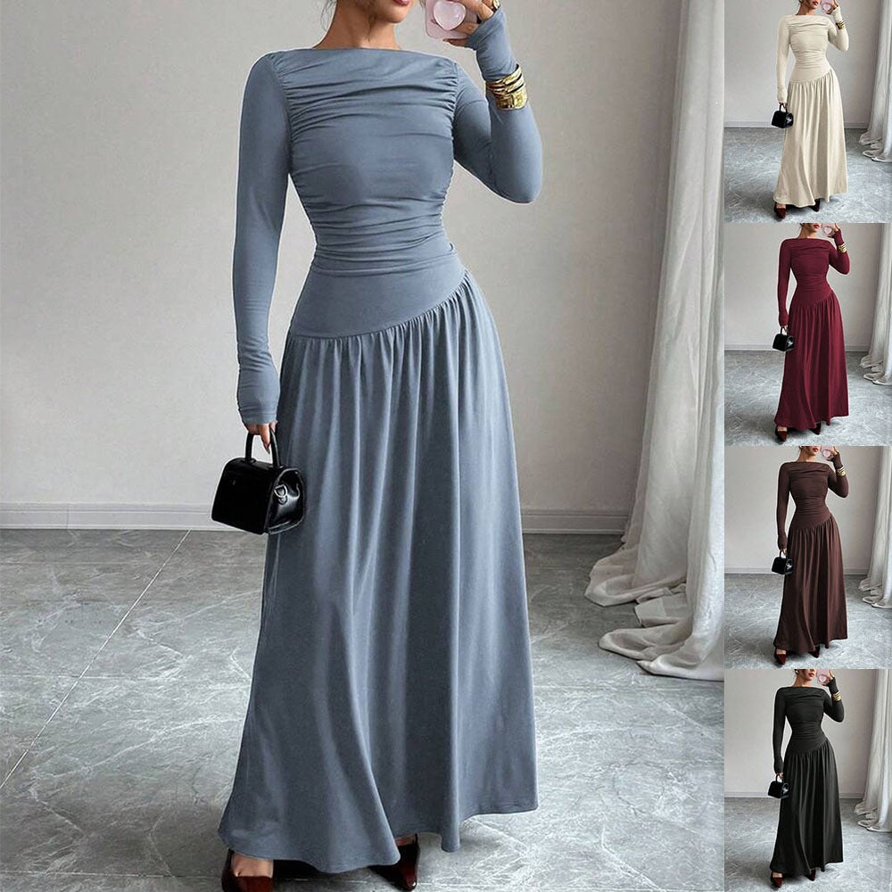 Ladies Maxi Dress with Ruched Bodice, Fitted Waist and Long Sleeve Mune Fashion