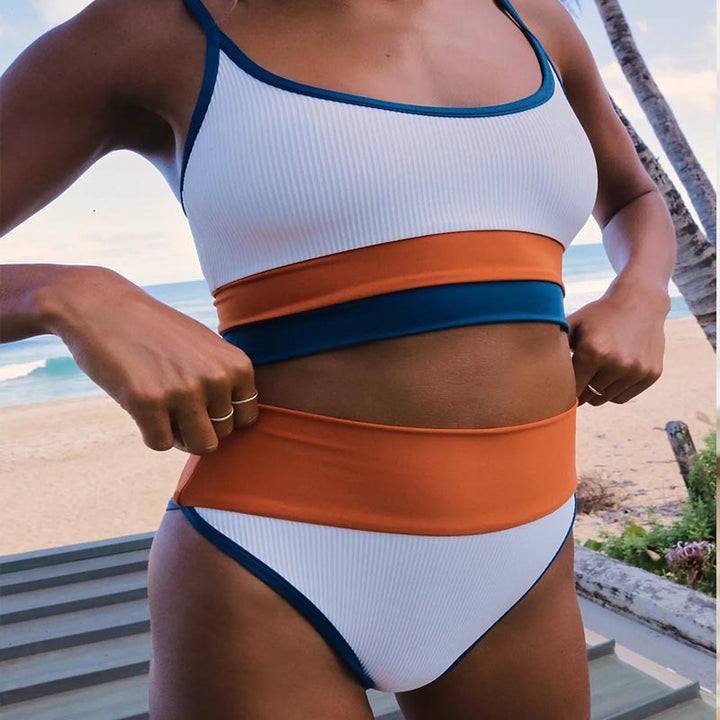 Ladies high-waisted bikini set with trendy block stripes Mune Fashion
