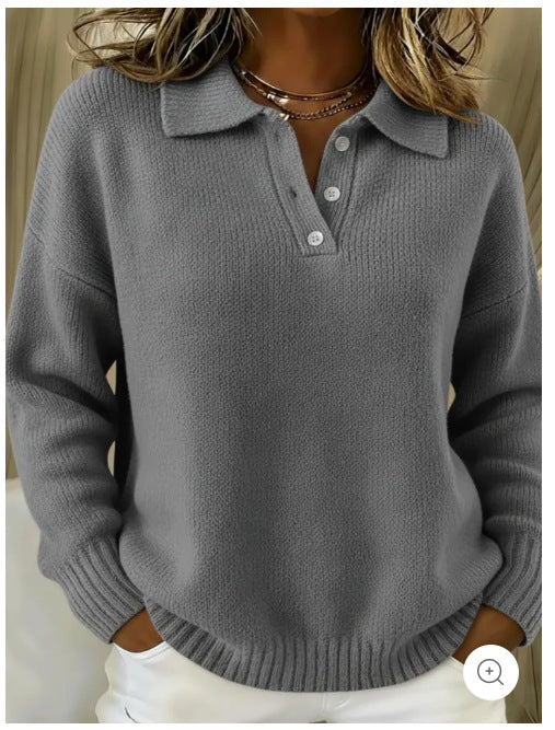Women's cozy polo collar sweater with short button placket and ribbed cuffs Mune Fashion
