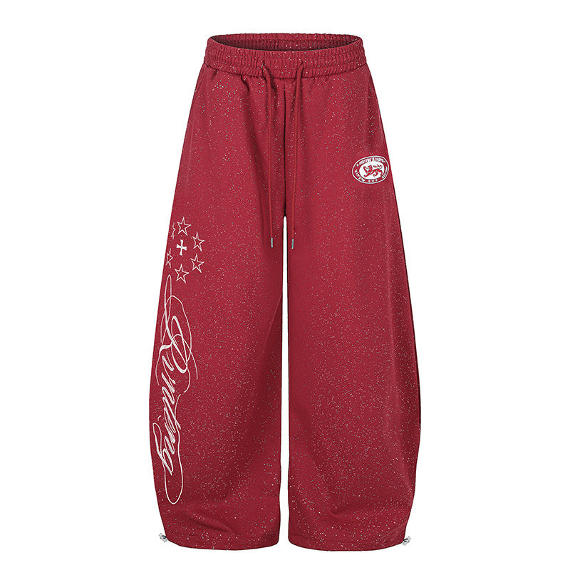 Women's Extra Wide Palazzo Sweatpants in Glitter Nep with Elastic Waistband, Drawstring and Star Script Print Mune Fashion
