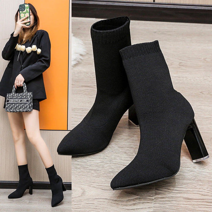 Women's knitted sock ankle boots with pointed toe and sculptural block heel Mune Fashion