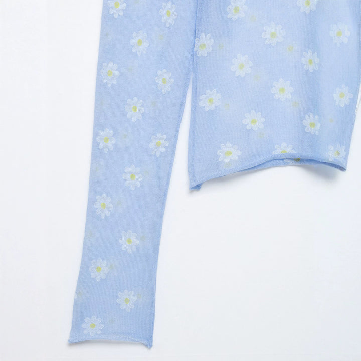 Women Fine Transparent Mesh Long Sleeve with Allover Daisy Print and Round Neckline Mune Fashion
