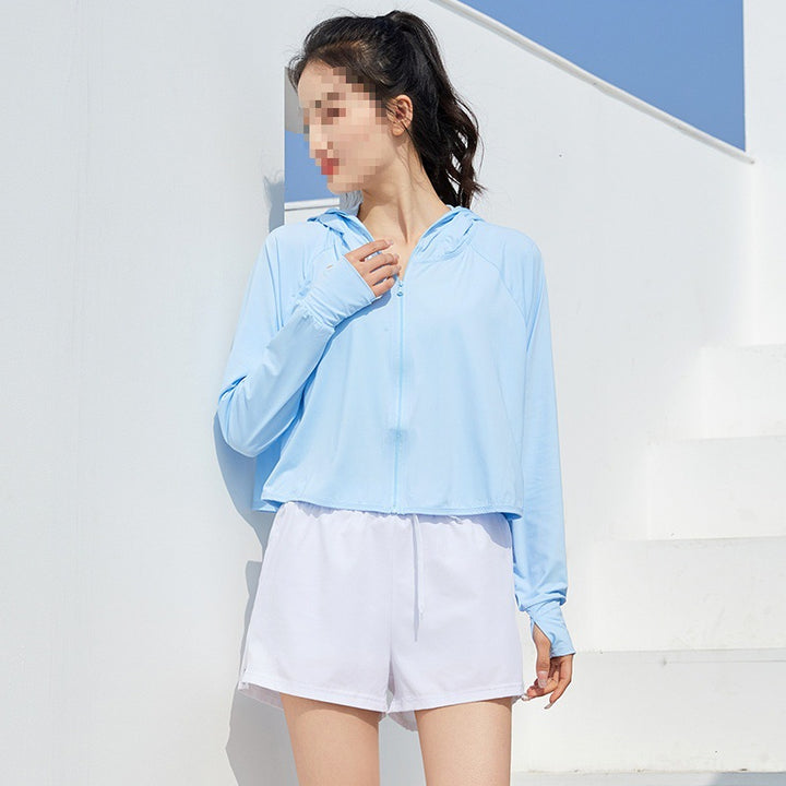 Women's Lightweight Sporty UV Protection Hoodie with Short Cropped Cut, Raglan Sleeves & Thumb Holes Mune Fashion
