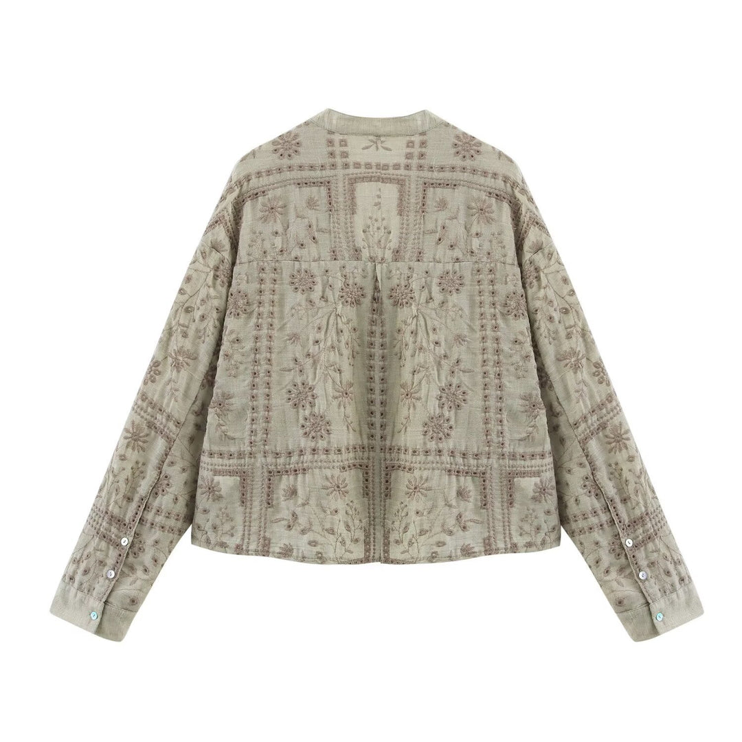 Ladies Embroidered V-Neck Boxy Blouse Jacket with Patchwork Embroidery Mune Fashion