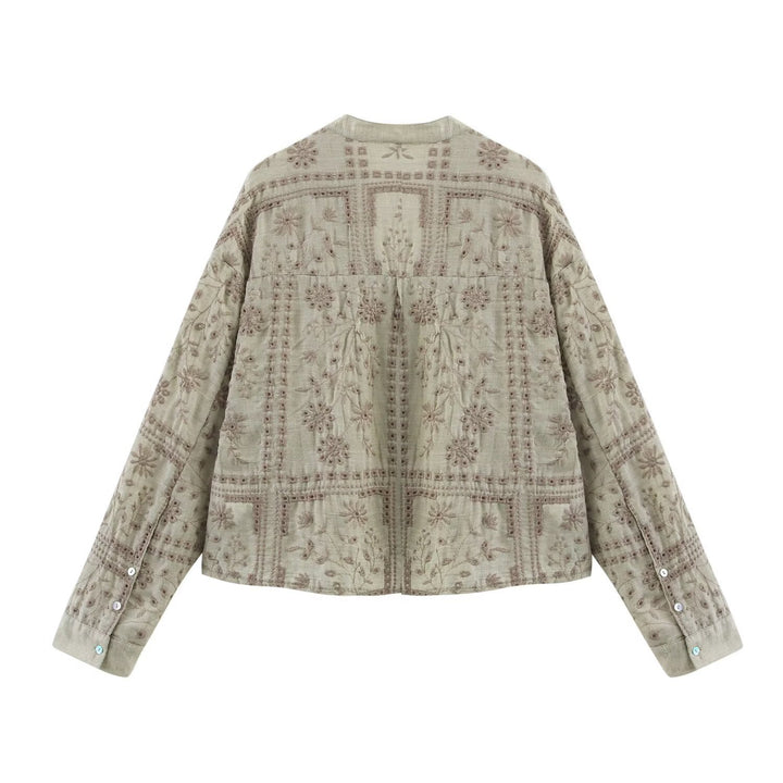 Ladies Embroidered V-Neck Boxy Blouse Jacket with Patchwork Embroidery Mune Fashion