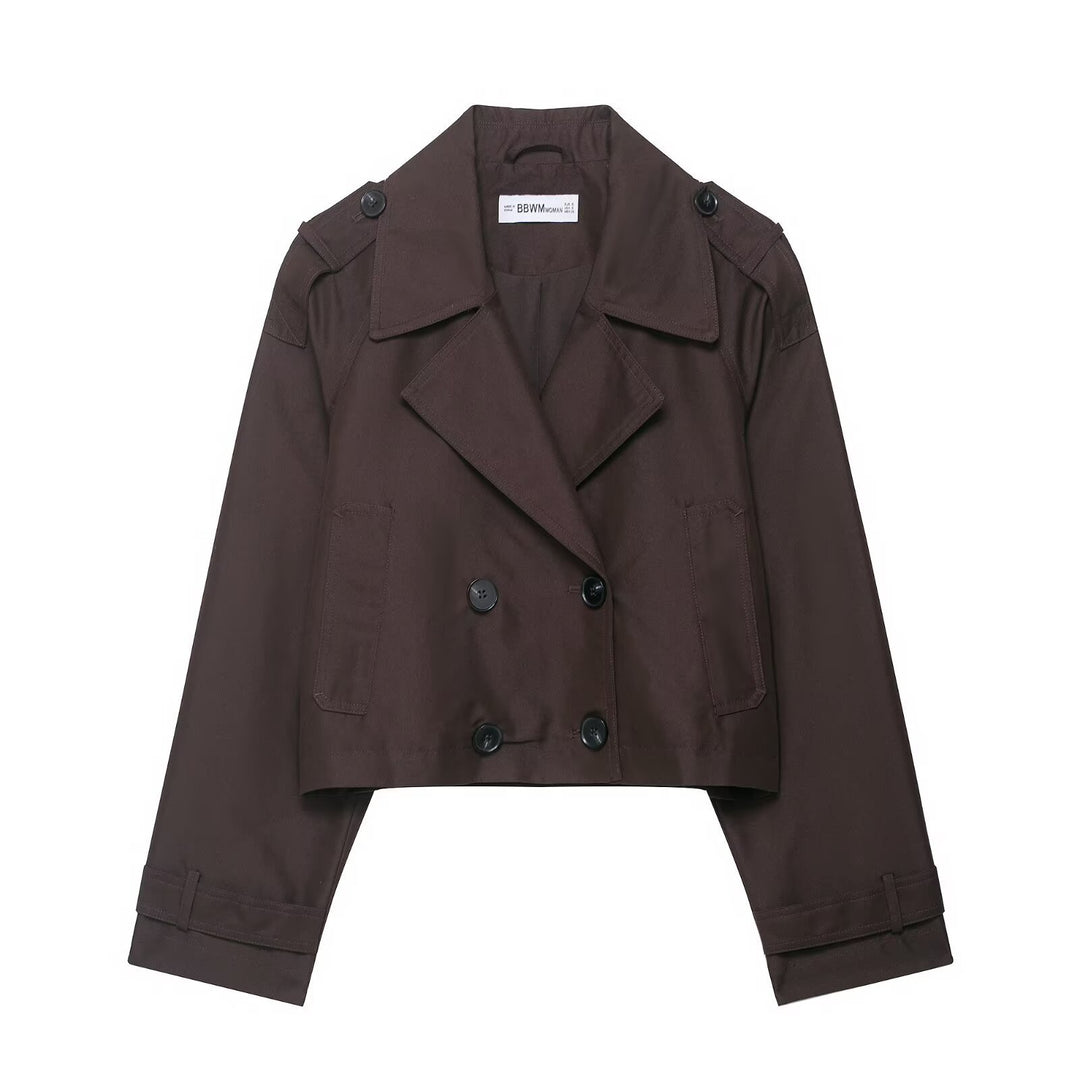 Women's Cropped Double-Breasted Trench Coat with Epaulettes, Wide Lapels and Adjustable Sleeve Straps Mune Fashion