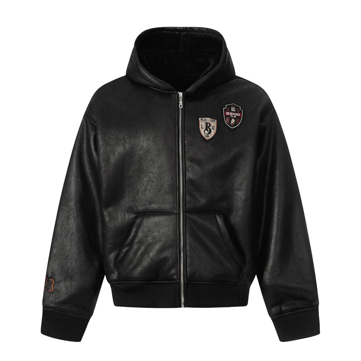 Men's hooded leather jacket with teddy lining and ribbed cuffs Mune Fashion