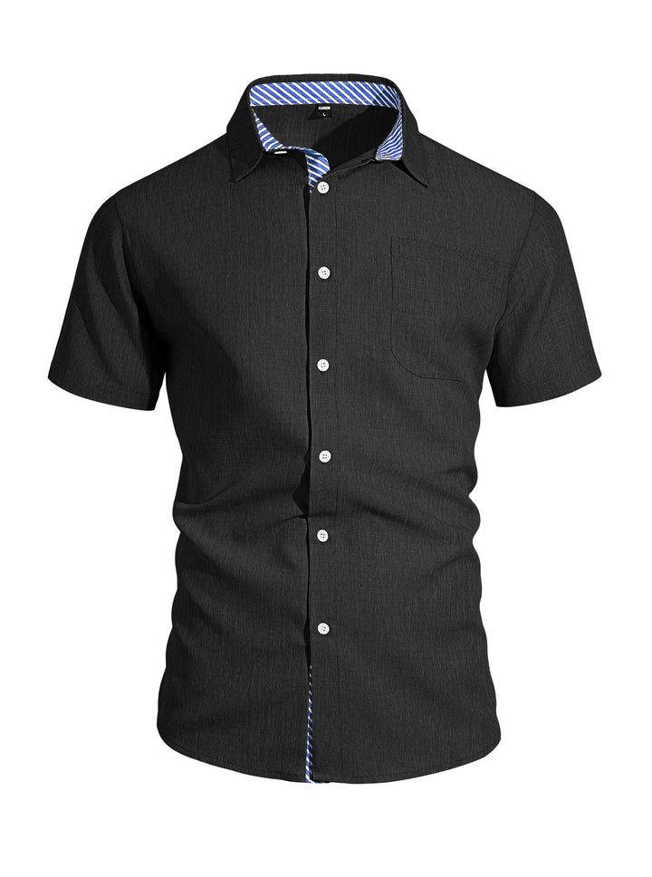 Men's Business Casual Short Sleeve Shirt with Striped Collar Lining and Chest Pocket Mune Fashion