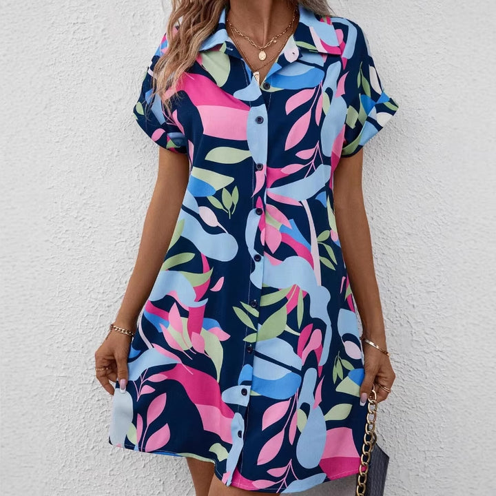 Women's Loose Shirt Dress with Button Placket, Notched Collar and Floral Print Mune Fashion