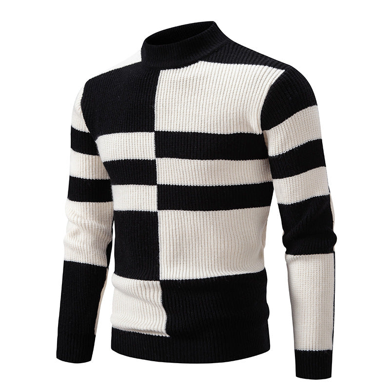 Men's chunky knit sweater with stand-up collar and contrasting block stripe pattern Mune Fashion