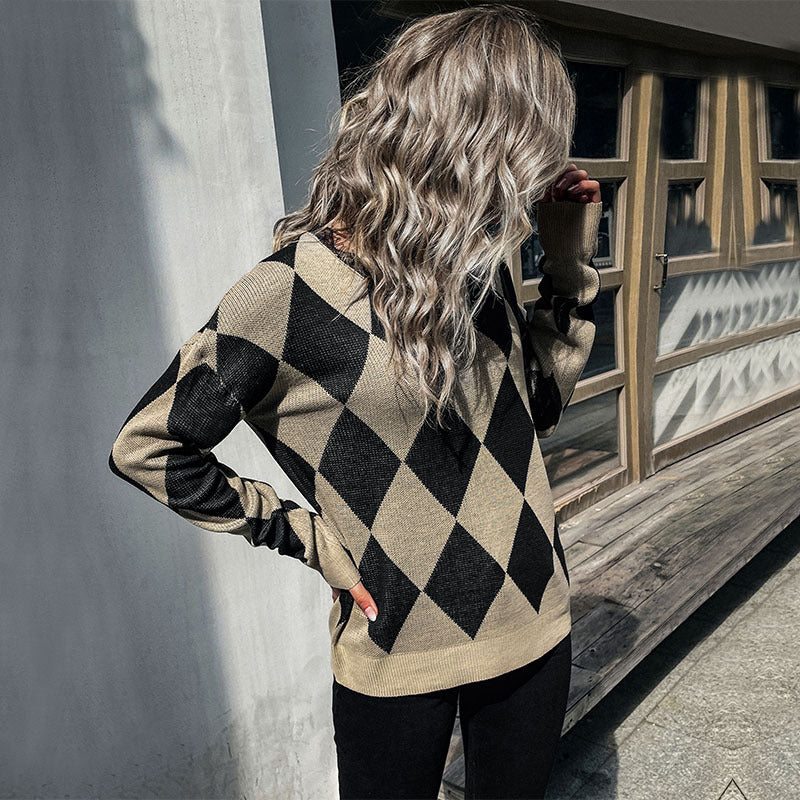 Women's diamond-pattern knitted sweater with loose fit and ribbed cuffs Mune Fashion