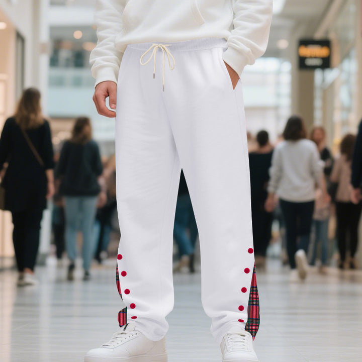 Men's Relaxed-Fit Jogging Pants with Check Side Panel, Snap Button Placket & Drawstring