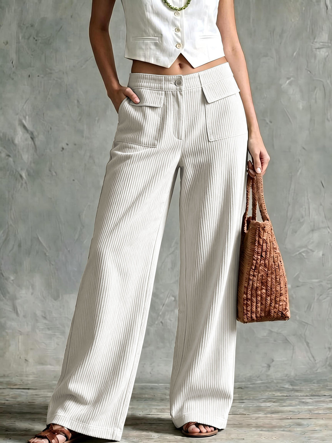 Women's Wide Cord Palazzo Pants with High Waist and Flap Pockets Mune Fashion