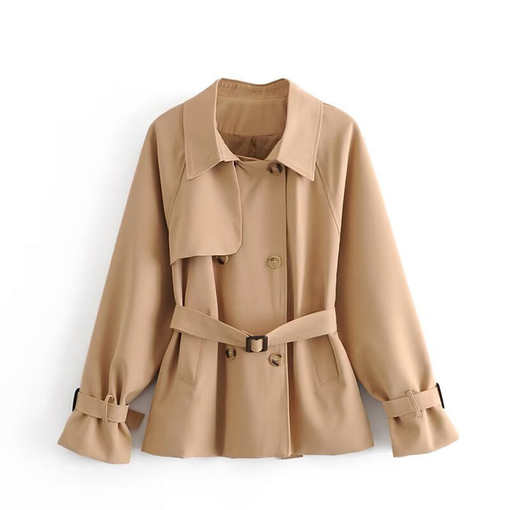 Women Short Tailored Trench Coat with Tied Belt, Asymmetrical Storm Flap and Cuff Strap Mune Fashion