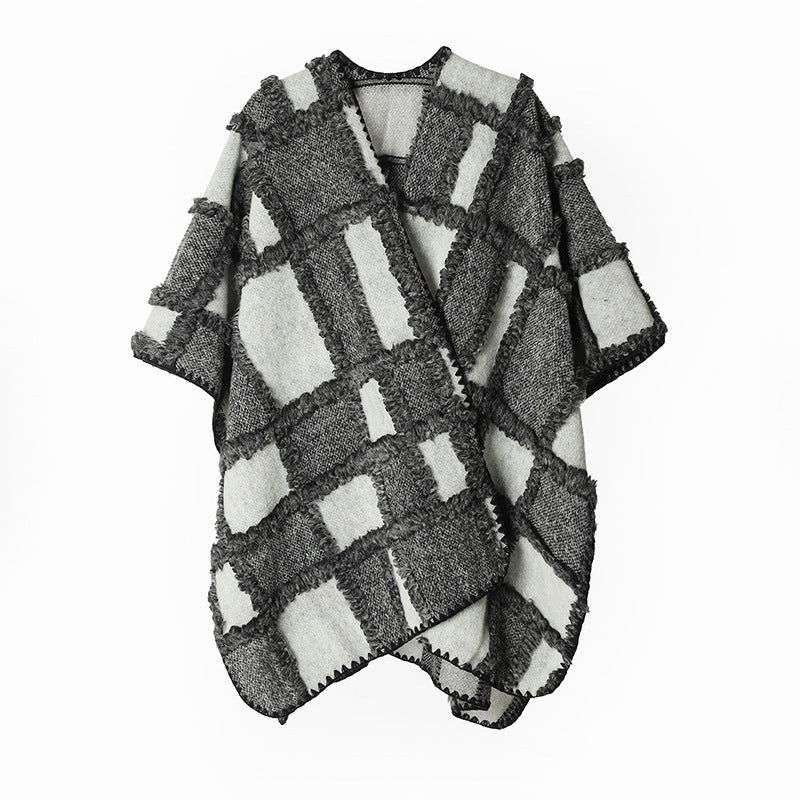 Women Structured Patchwork Cape Poncho made of wool blend with open drape and contrasting edge stitching Mune Fashion
