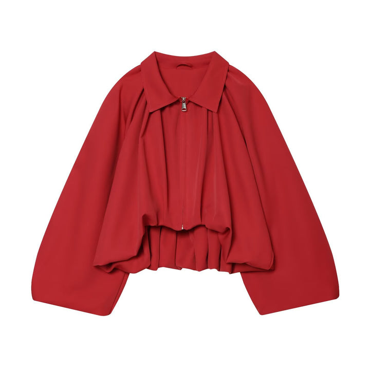 Women's short cut blouson jacket with wide balloon sleeves, zipper, and elastic hem Mune Fashion