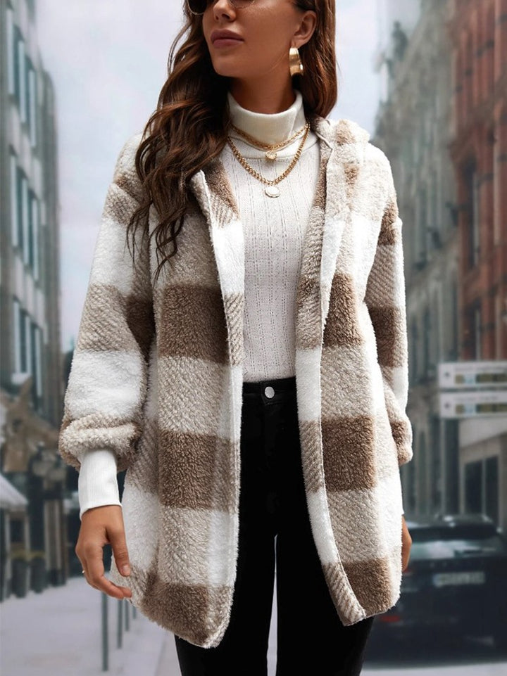 Women's checked teddy coat with large lapel collar and ribbed cuffs Mune Fashion