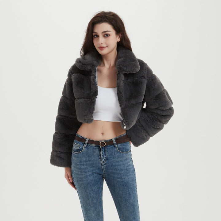 Women Cropped Faux Fur Jacket with Horizontal Volume Panels, Stand-Up Lapel Collar and Zipper Mune Fashion