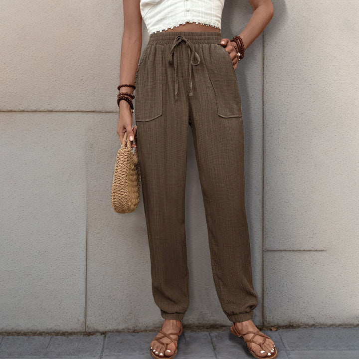 Women Loose Linen Look Jogger Pants with High Elastic Waistband, Drawstring, Patch Pockets & Elastic Cuffs Mune Fashion